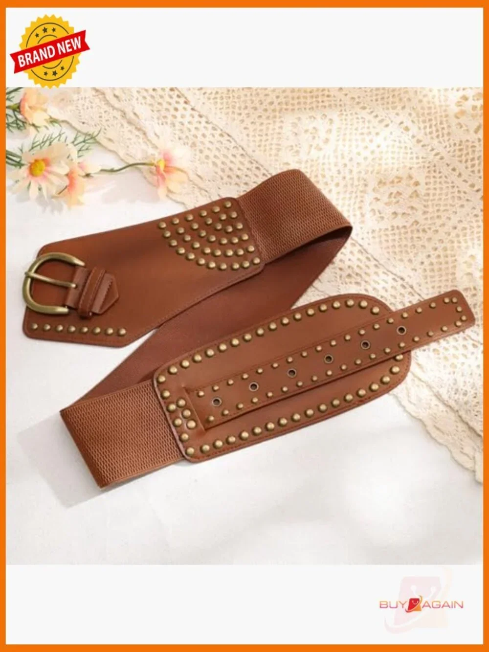 Vintage Wide Elastic Belt with Studs & Buckle - Stretchy Faux Leather Waist Belt